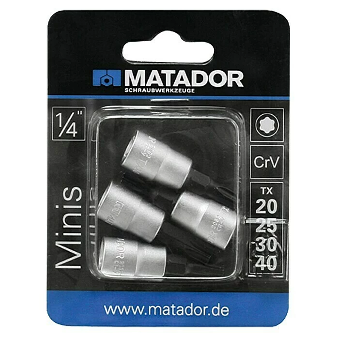 BAUHAUS Matador Steckschlüsseleinsatz-Set Innen-TORX, 1 X Steckschlüsseleinsatz TX20, 1 X Steckschlüsseleinsatz TX25, 1 X Steckschlüsseleinsatz TX30, 1 X Steckschlüsseleinsatz TX40 1 BAUHAUS Matador Steckschlüsseleinsatz-Set Innen-TORX, 1 X Steckschlüsseleinsatz TX20, 1 X Steckschlüsseleinsatz TX25, 1 X Steckschlüsseleinsatz TX30, 1 X Steckschlüsseleinsatz TX40